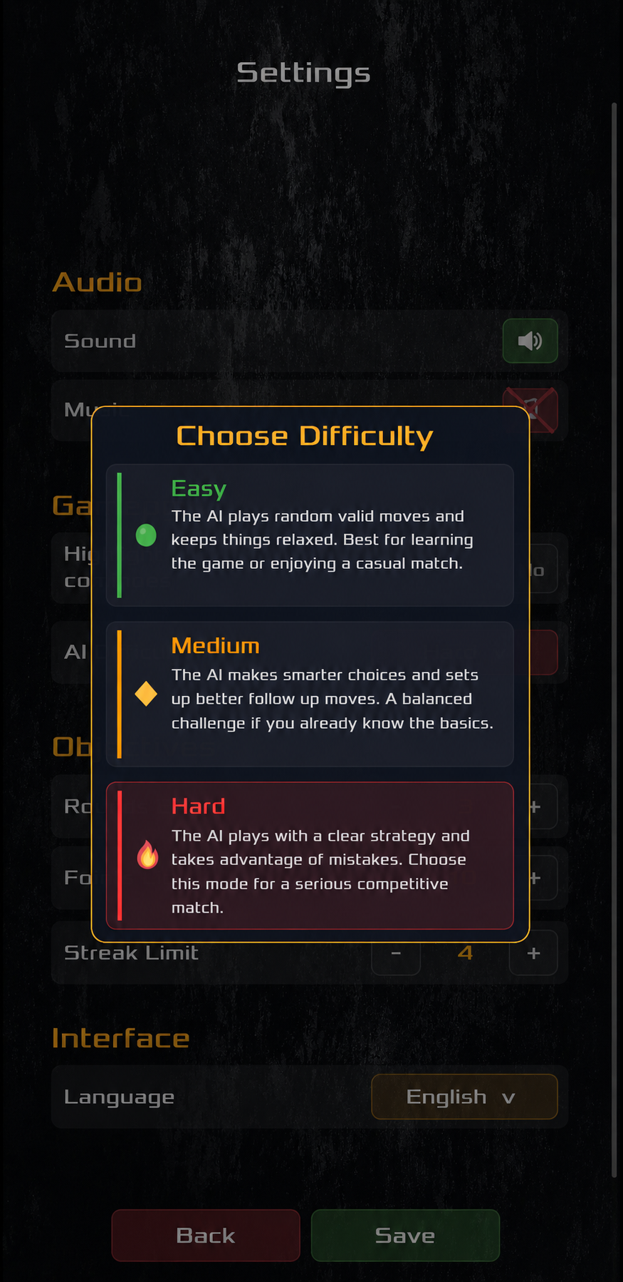 Dominos settings and AI difficulty screen